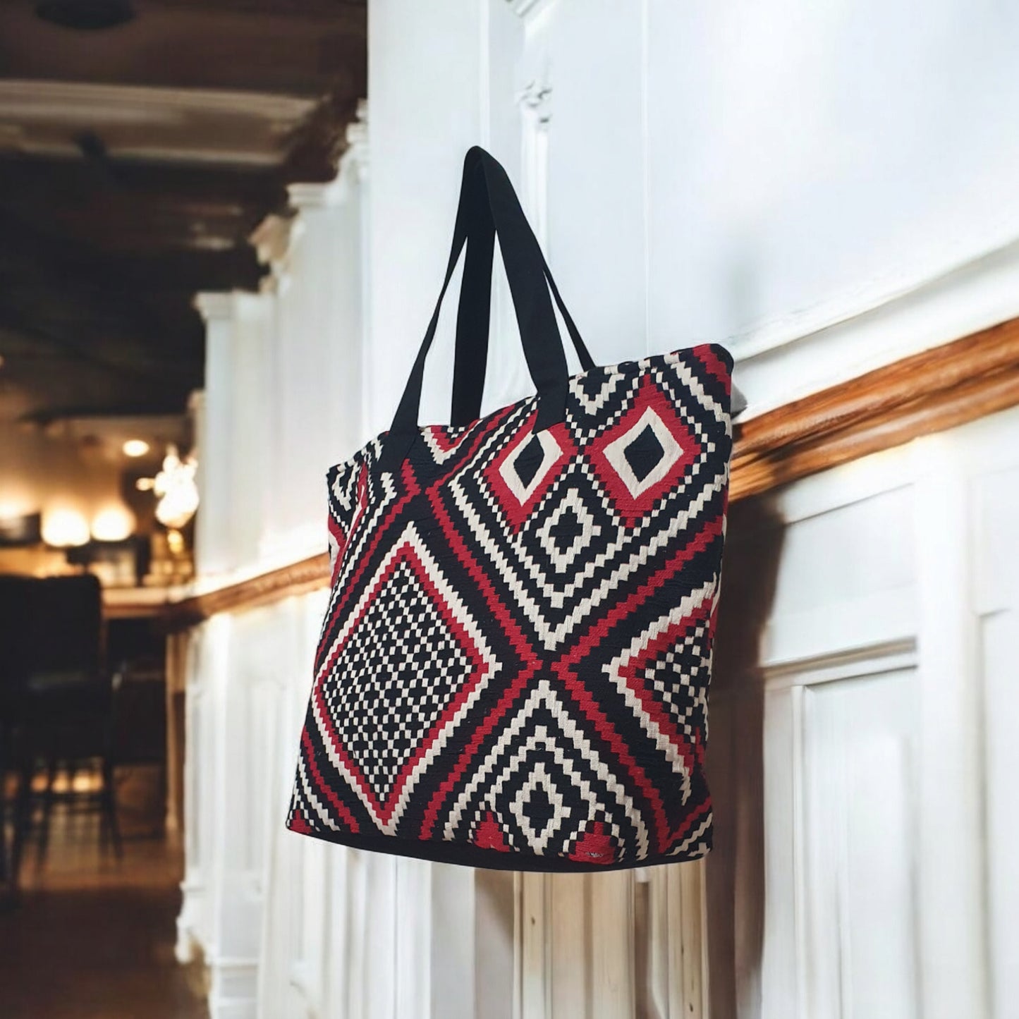 Geometric Tribal Print Canvas Tote Bag – Large Boho Shoulder Bag for Shopping, Beach & Travel