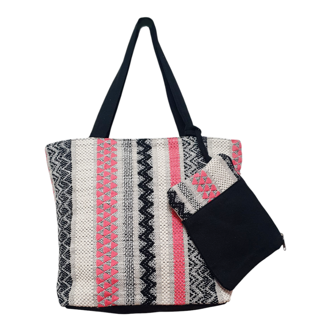 Ethnic Pattern Tote Bag with Matching Pouch – Boho Woven Shoulder Bag for Women
