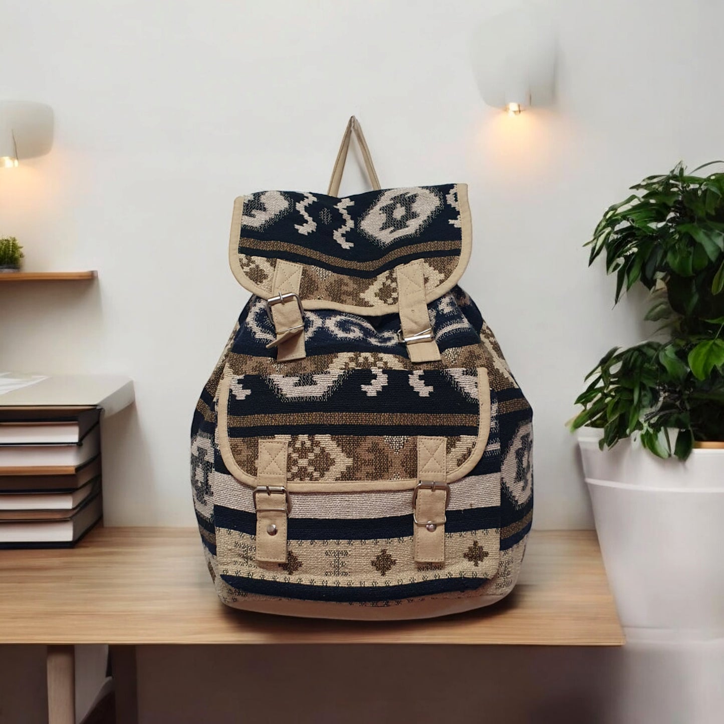 Boho Tribal Canvas Backpack – Ethnic Print Rucksack with Buckle Straps for Travel, School & Daily Use