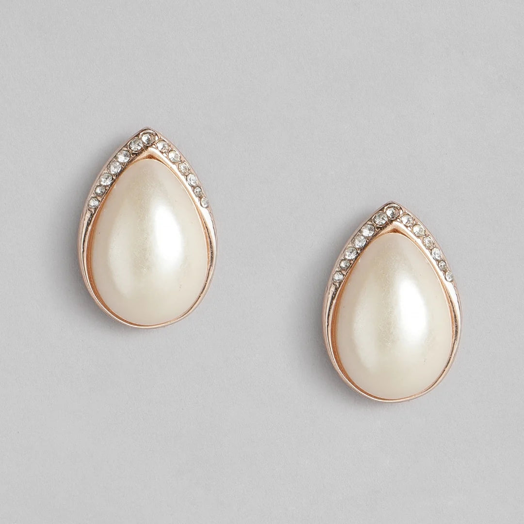 French Simple Big Pearl Stud Earrings AD studded