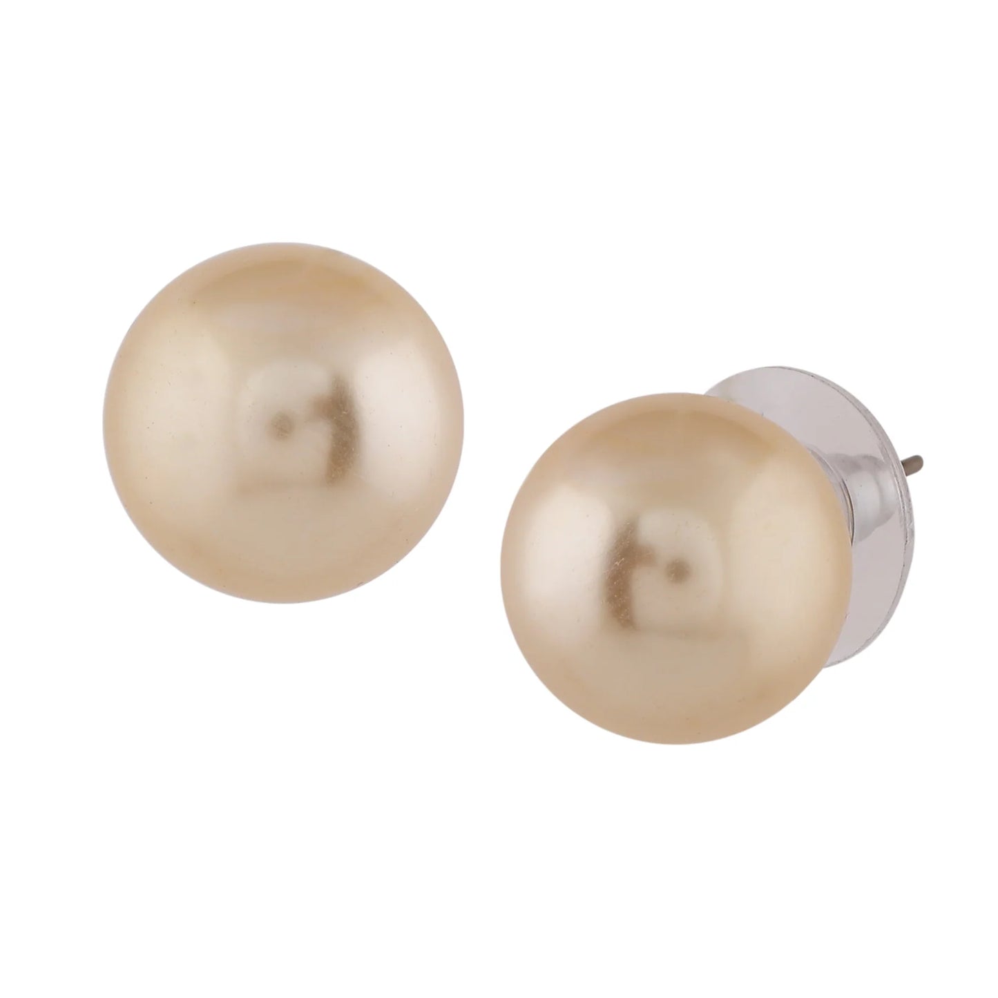 Rhodium Plated Shimmering Pearl Stud Earrings - Light Gold