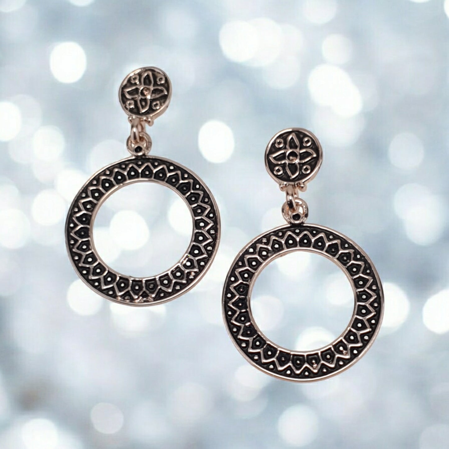 Rose 24Kt Gold Plated Round Patterned Drop Earrings