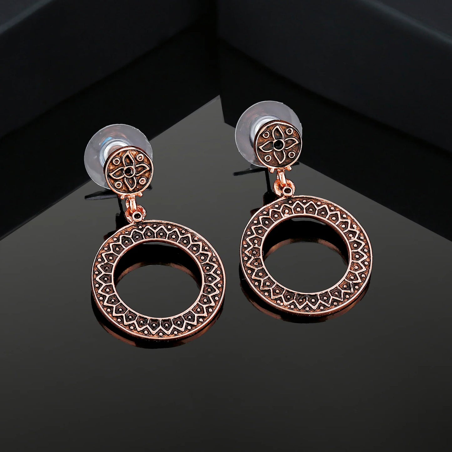 Rose 24Kt Gold Plated Round Patterned Drop Earrings