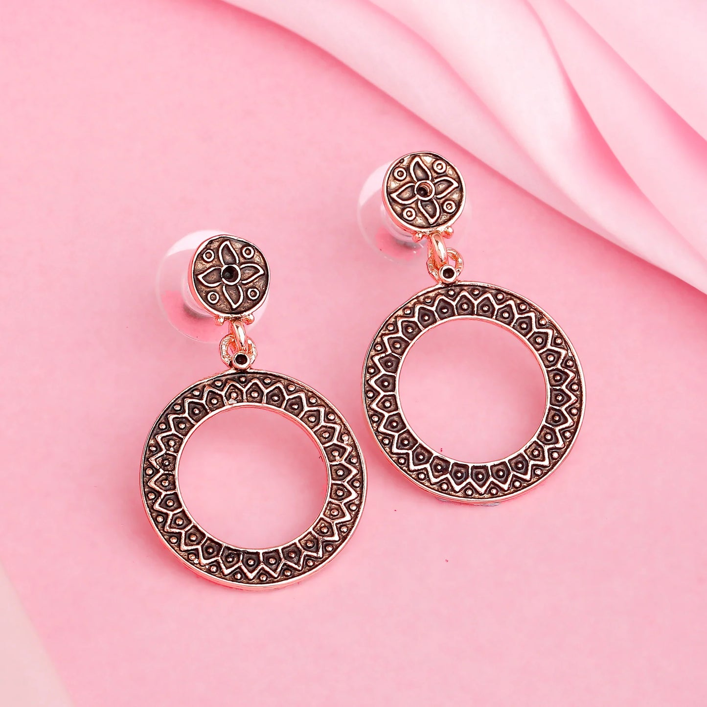 Rose 24Kt Gold Plated Round Patterned Drop Earrings