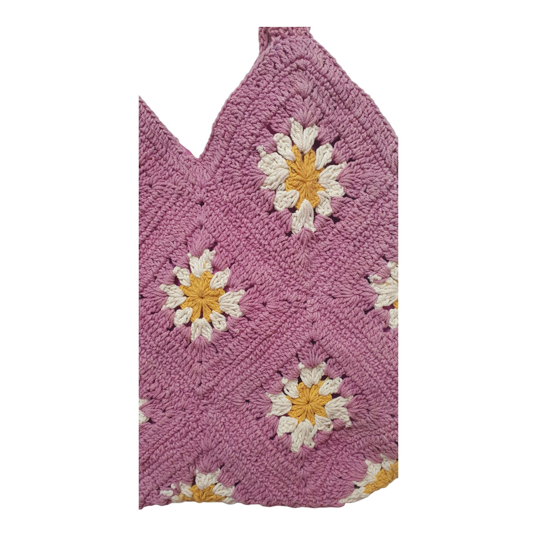 Handmade Pink Crochet Tote Bag with Floral Granny Squares – Boho Shoulder Bag for Women