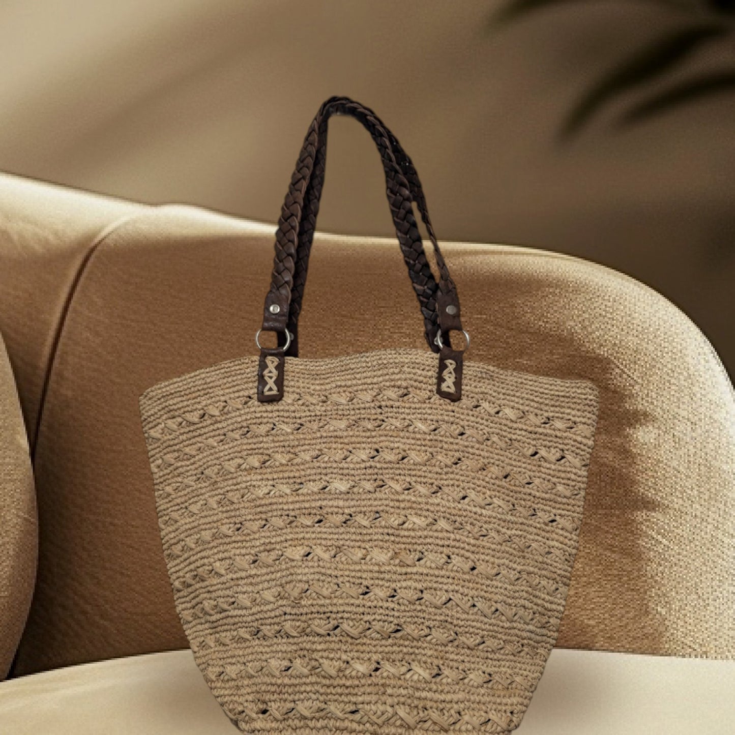 Braided Leather Handle Raffia Basket