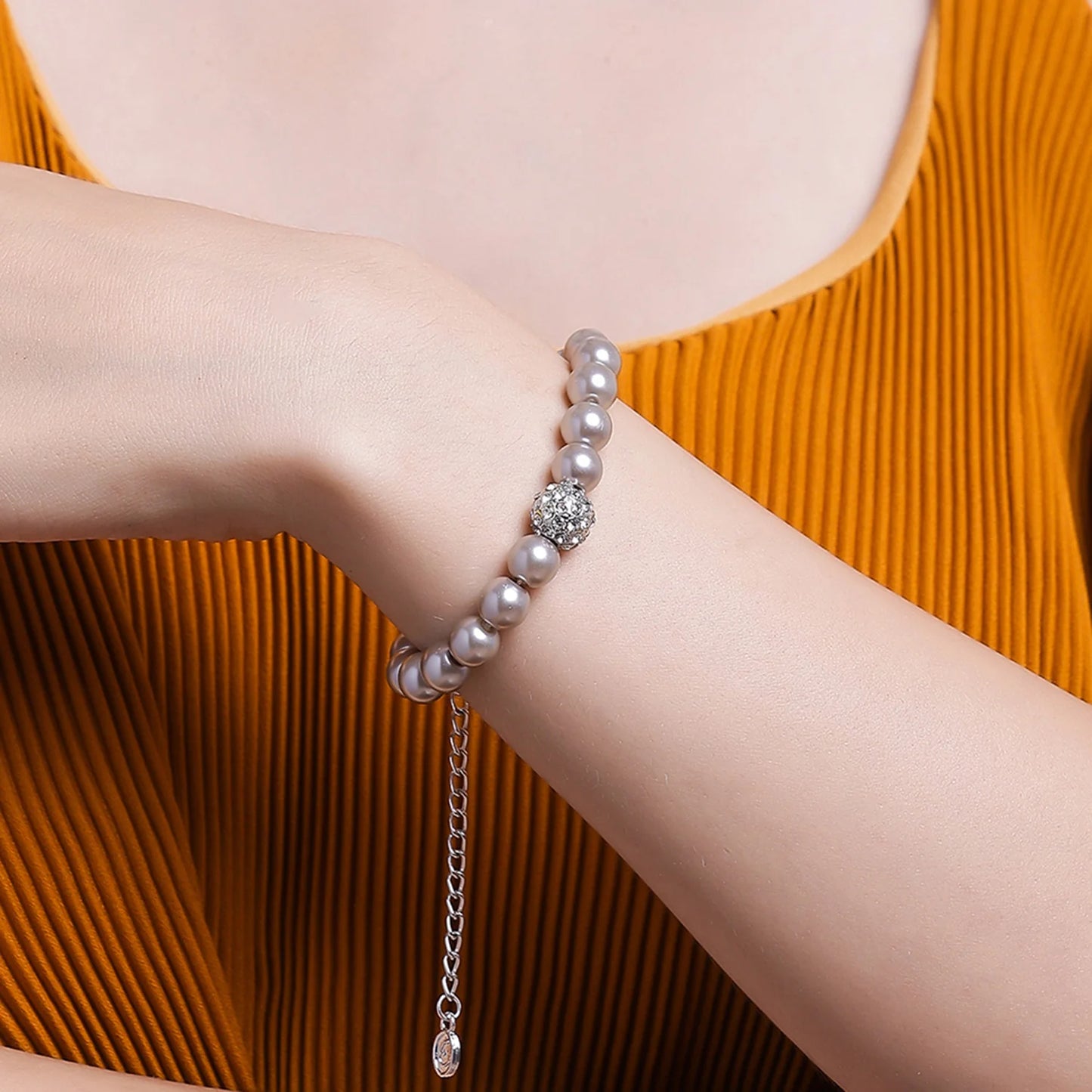 Elegant Grey SIlver pearl single line bracelet with crystal balls