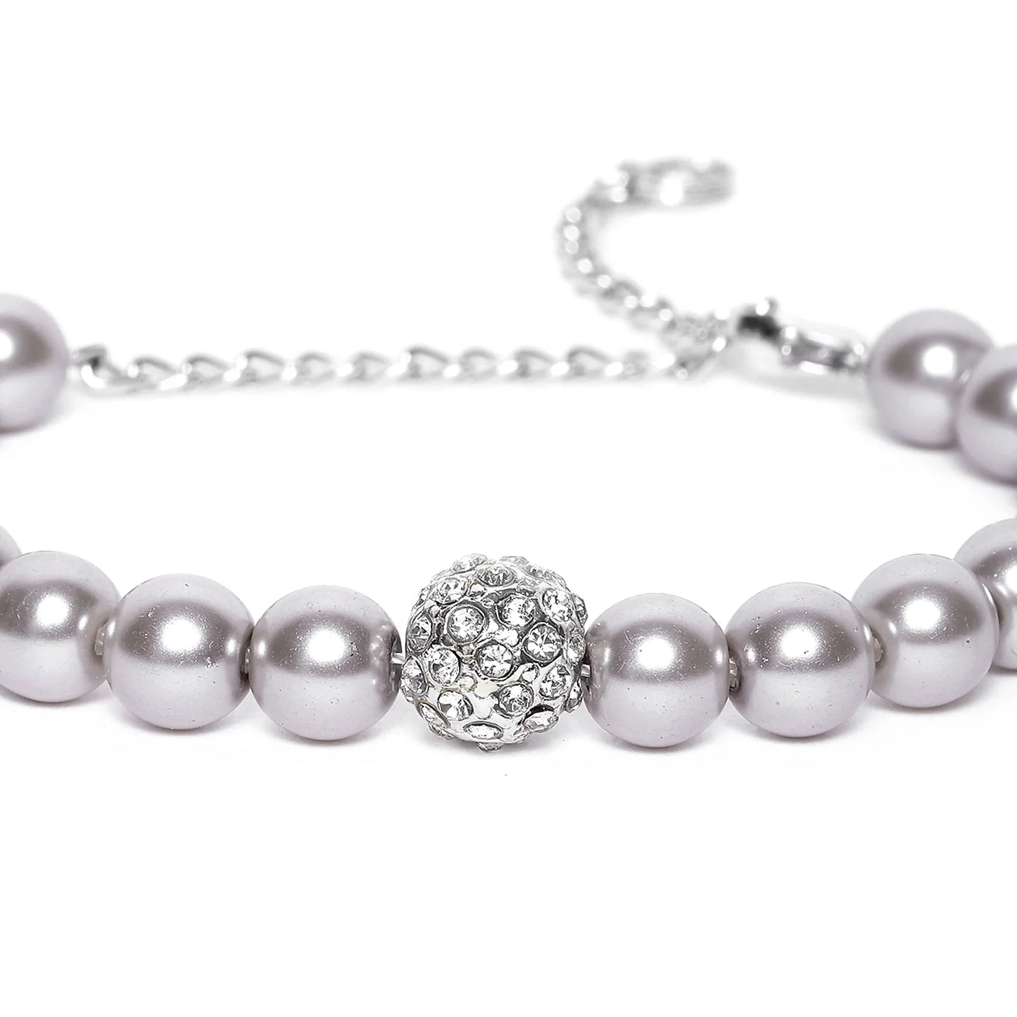 Elegant Grey SIlver pearl single line bracelet with crystal balls