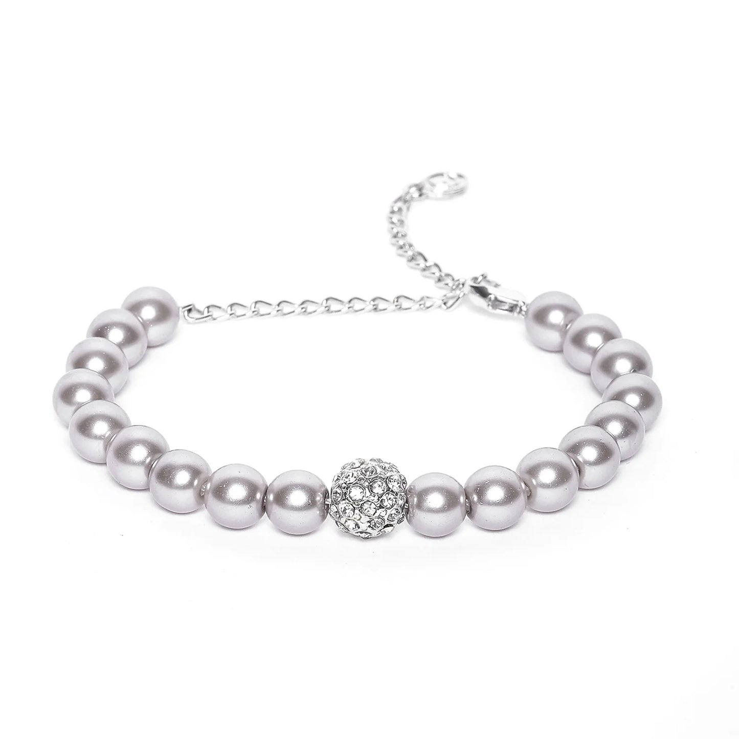 Elegant Grey SIlver pearl single line bracelet with crystal balls