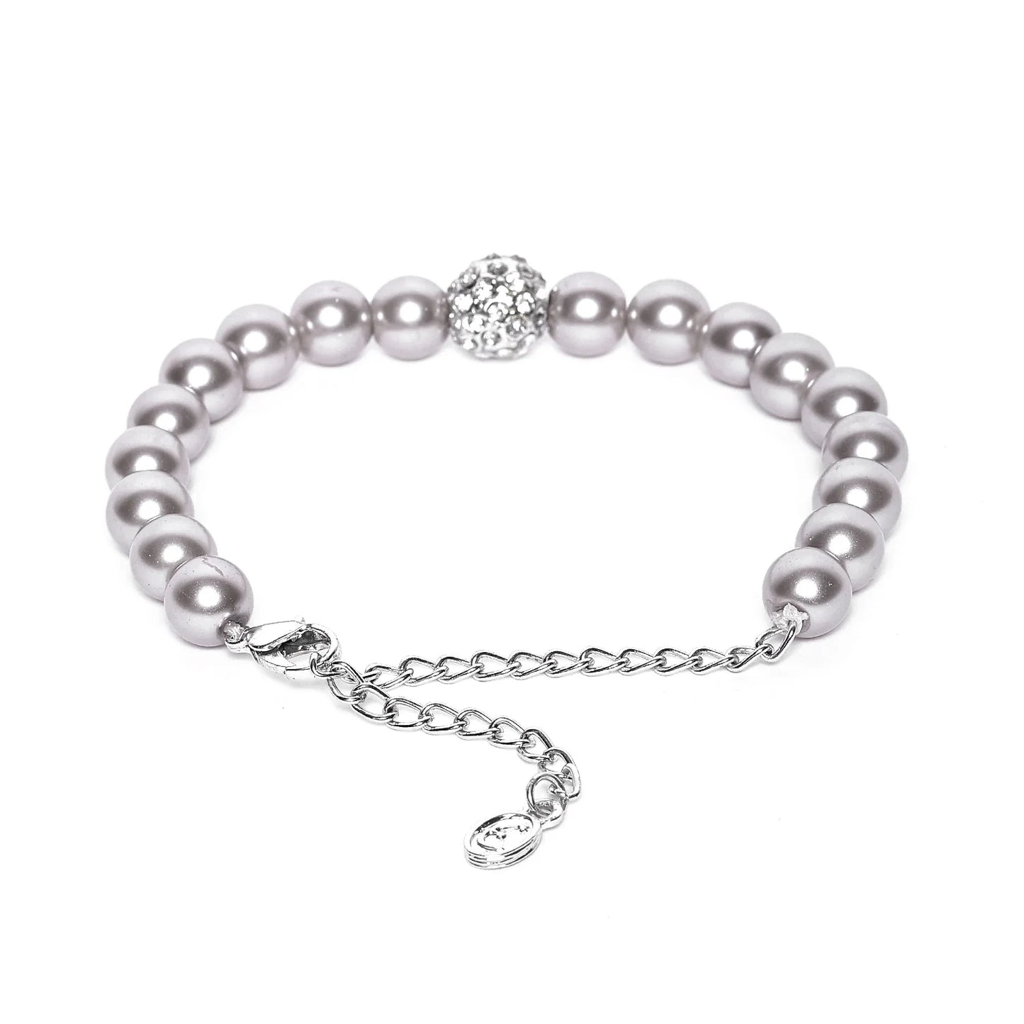 Elegant Grey SIlver pearl single line bracelet with crystal balls