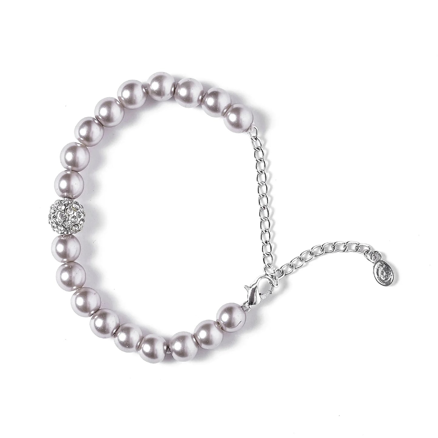 Elegant Grey SIlver pearl single line bracelet with crystal balls