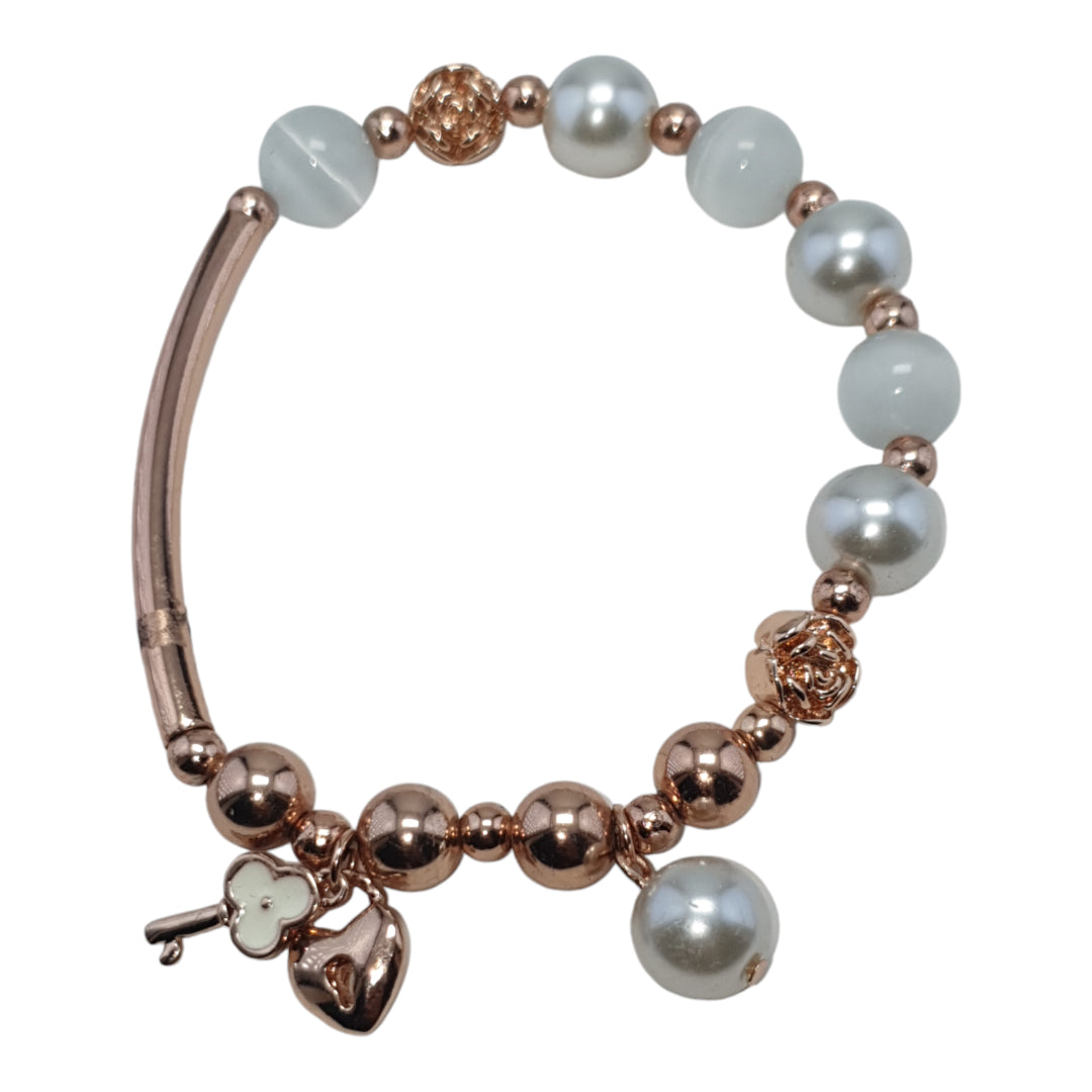 Flower Modal Flux Pearl Charm Lock n Key Bracelet