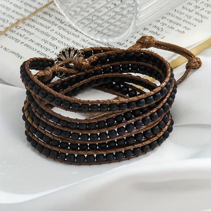 Bohemian Style, Adjustable 5 Rows Wrap Bracelet, Braid With Waxed Cord