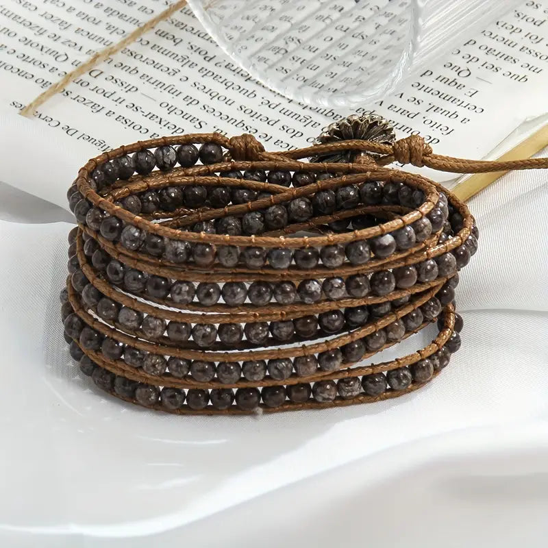 Bohemian Style, Adjustable 5 Rows Wrap Bracelet, Braid With Waxed Cord