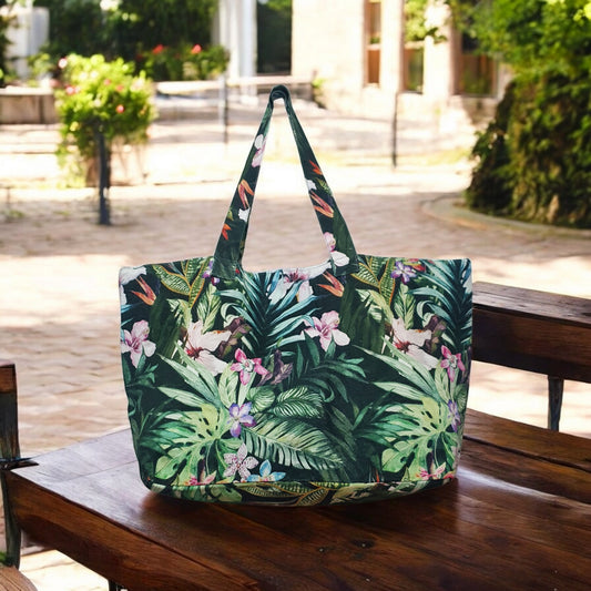 Tropical Floral Print Canvas Tote Bag – Large Beach Bag with Jungle Leaf Design