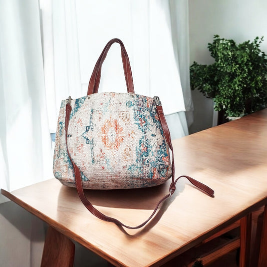 Vintage-Inspired Tapestry Shoulder Bag with Leather Straps and Boho Pattern