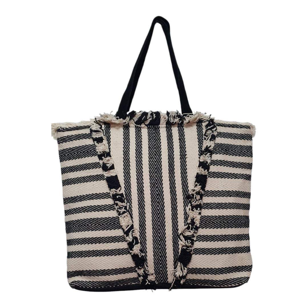 Black and White Striped Tote Bag with Fringe Detail