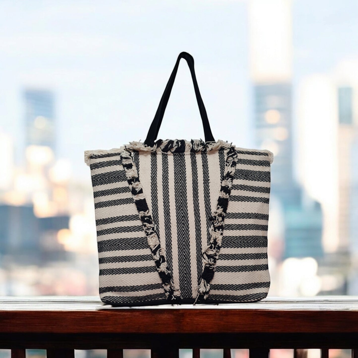 Black and White Striped Tote Bag with Fringe Detail