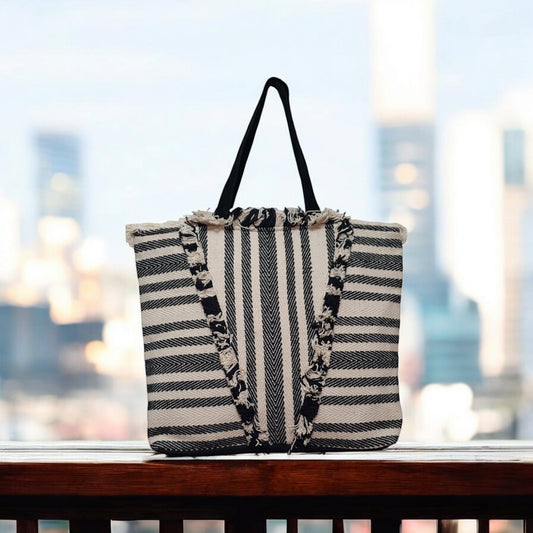 Black and White Striped Tote Bag with Fringe Detail