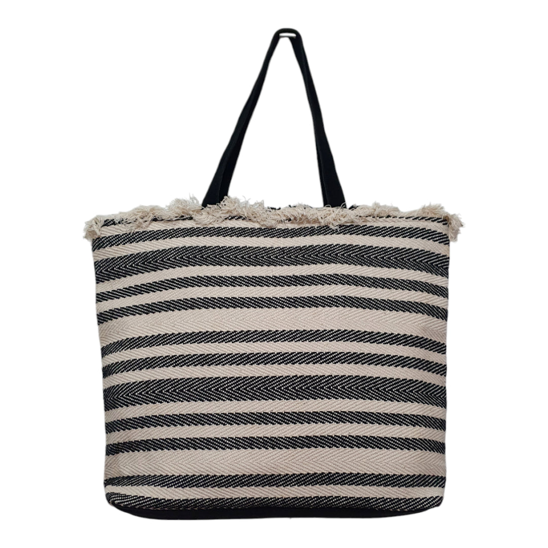 Black and White Striped Tote Bag with Fringe Detail