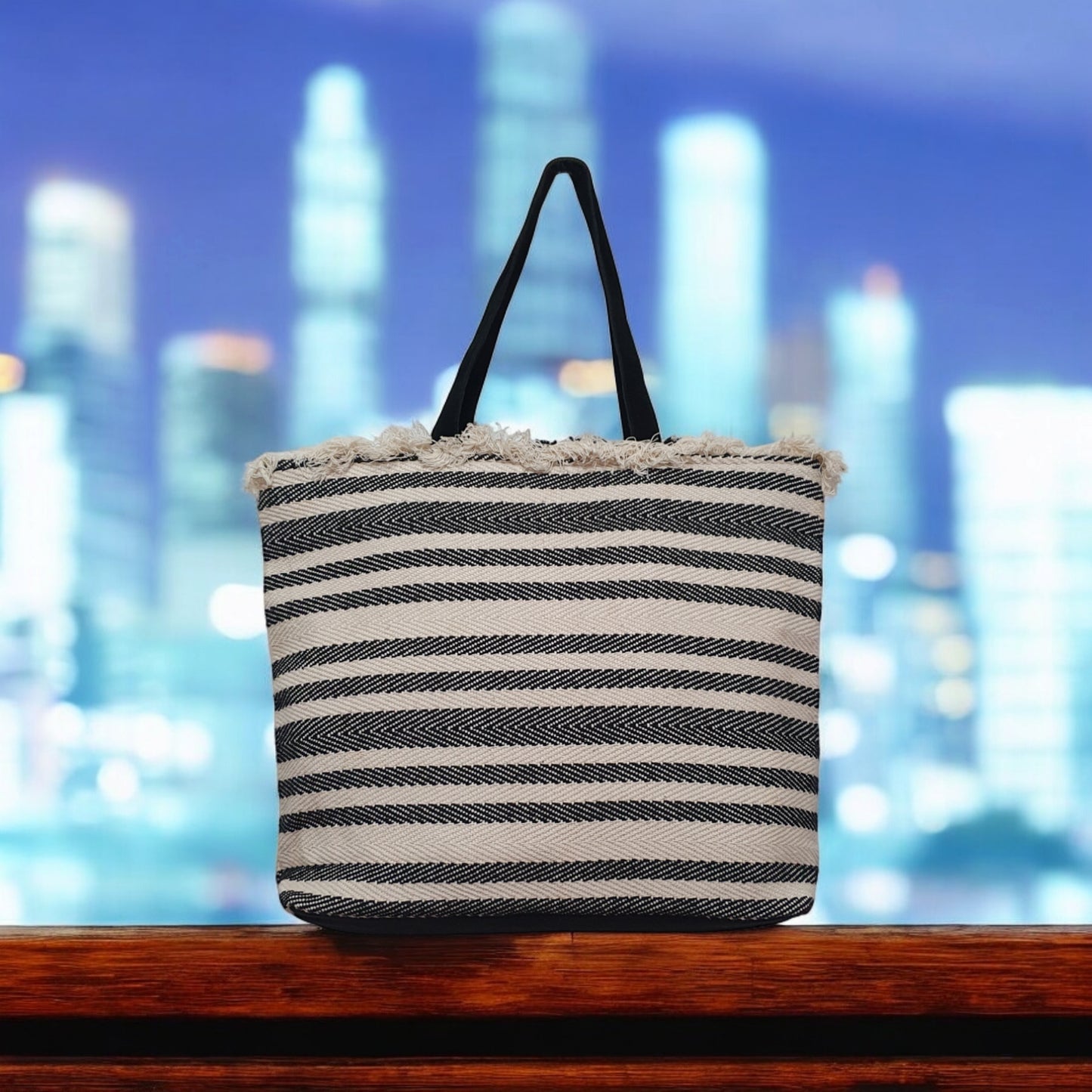 Black and White Striped Tote Bag with Fringe Detail