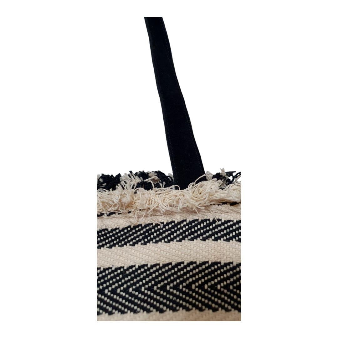 Black and White Striped Tote Bag with Fringe Detail