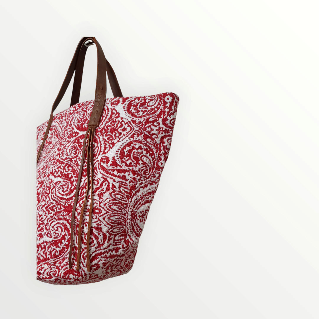 Red and White Paisley Jacquard Tote Bag with Leather Tassel Handle