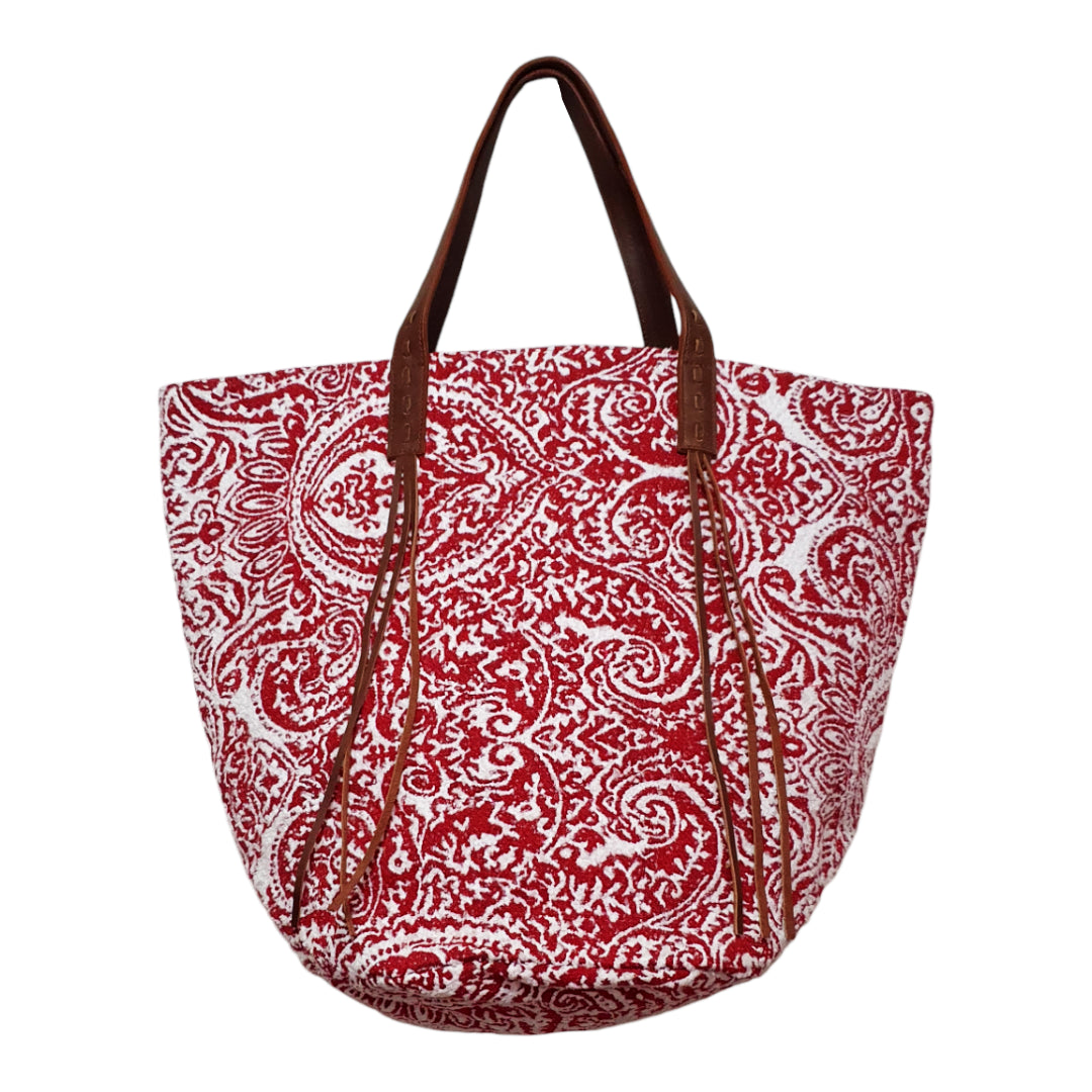 Red and White Paisley Jacquard Tote Bag with Leather Tassel Handle