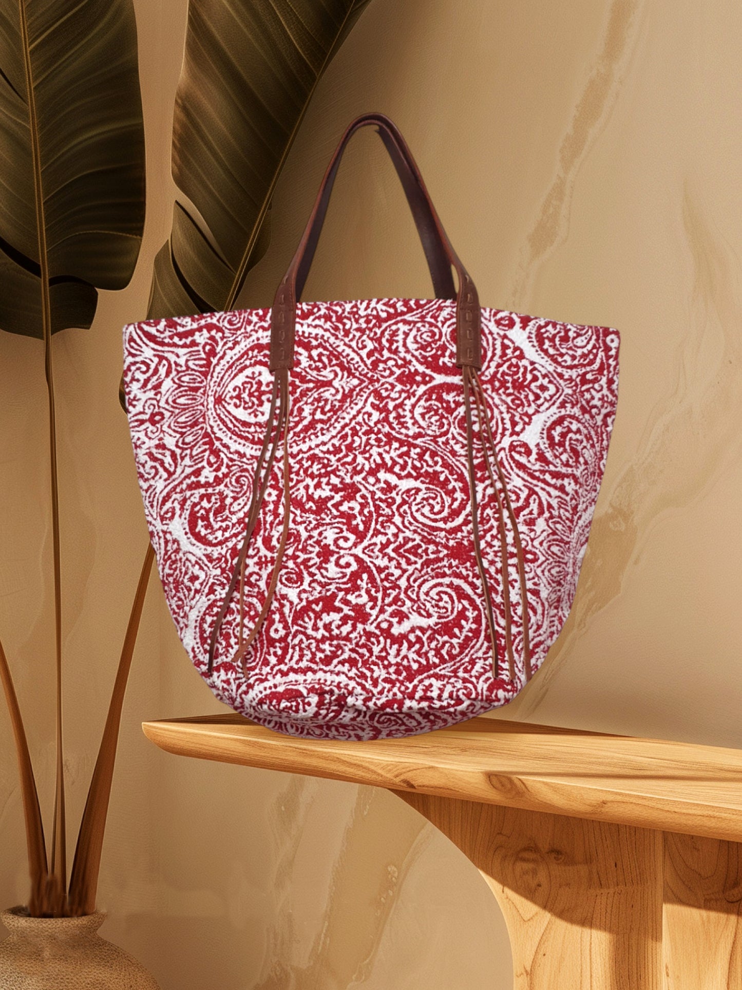 Red and White Paisley Jacquard Tote Bag with Leather Tassel Handle