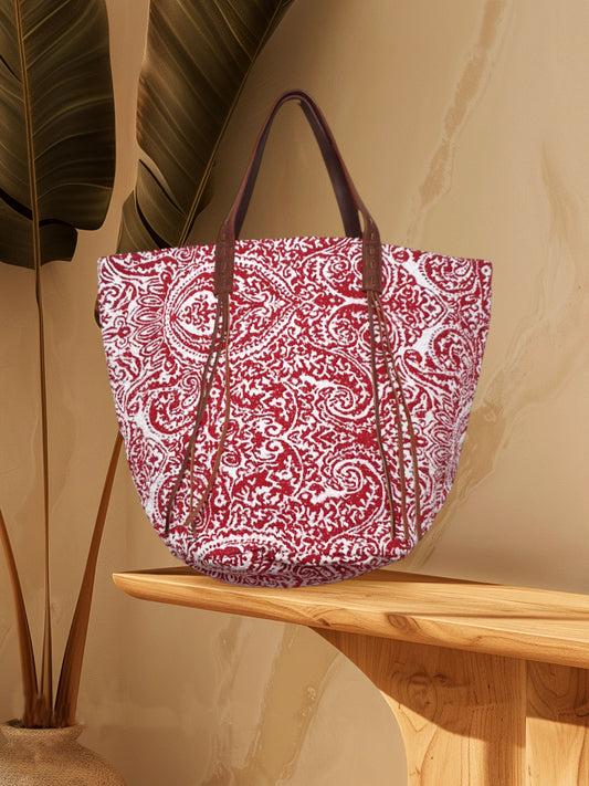 Red and White Paisley Jacquard Tote Bag with Leather Tassel Handle