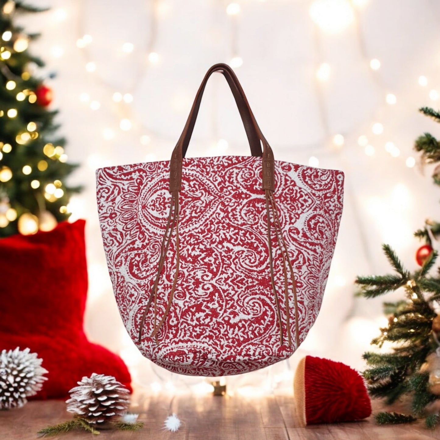 Red and White Paisley Jacquard Tote Bag with Leather Tassel Handle