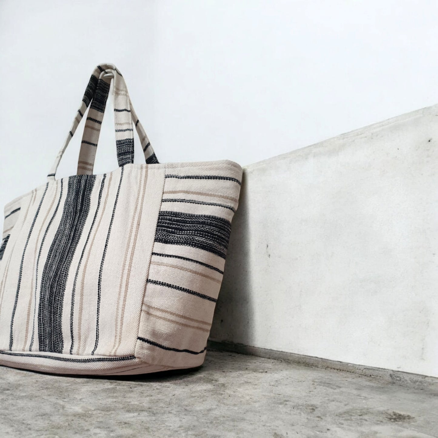 Black and Off-White Striped Dhurrie Tote Bag