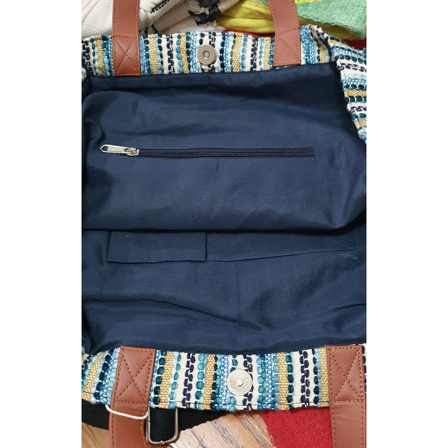 Oversized Navy Gold Metallic Dhurrie Fabric Bag with Dual Carrying Options