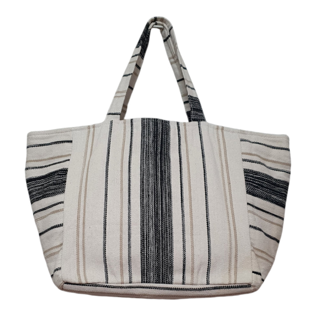 Black and Off-White Striped Dhurrie Tote Bag