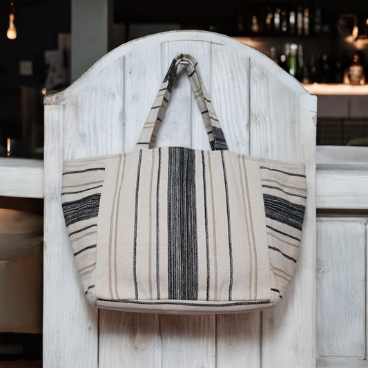 Black and Off-White Striped Dhurrie Tote Bag