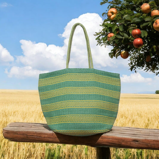 Eco-Friendly Paper Raffia Handloom Tote Bag - Green & Lime Stripes