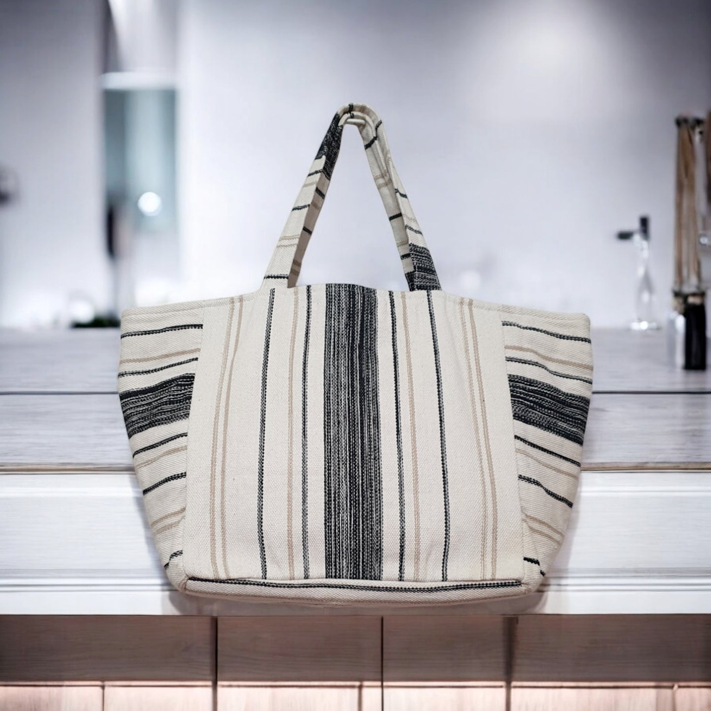 Black and Off-White Striped Dhurrie Tote Bag