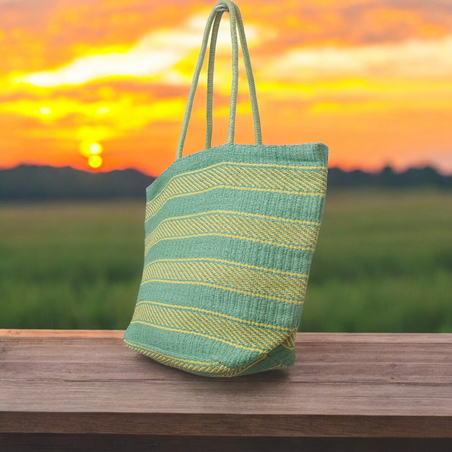 Eco-Friendly Paper Raffia Handloom Tote Bag - Green & Lime Stripes