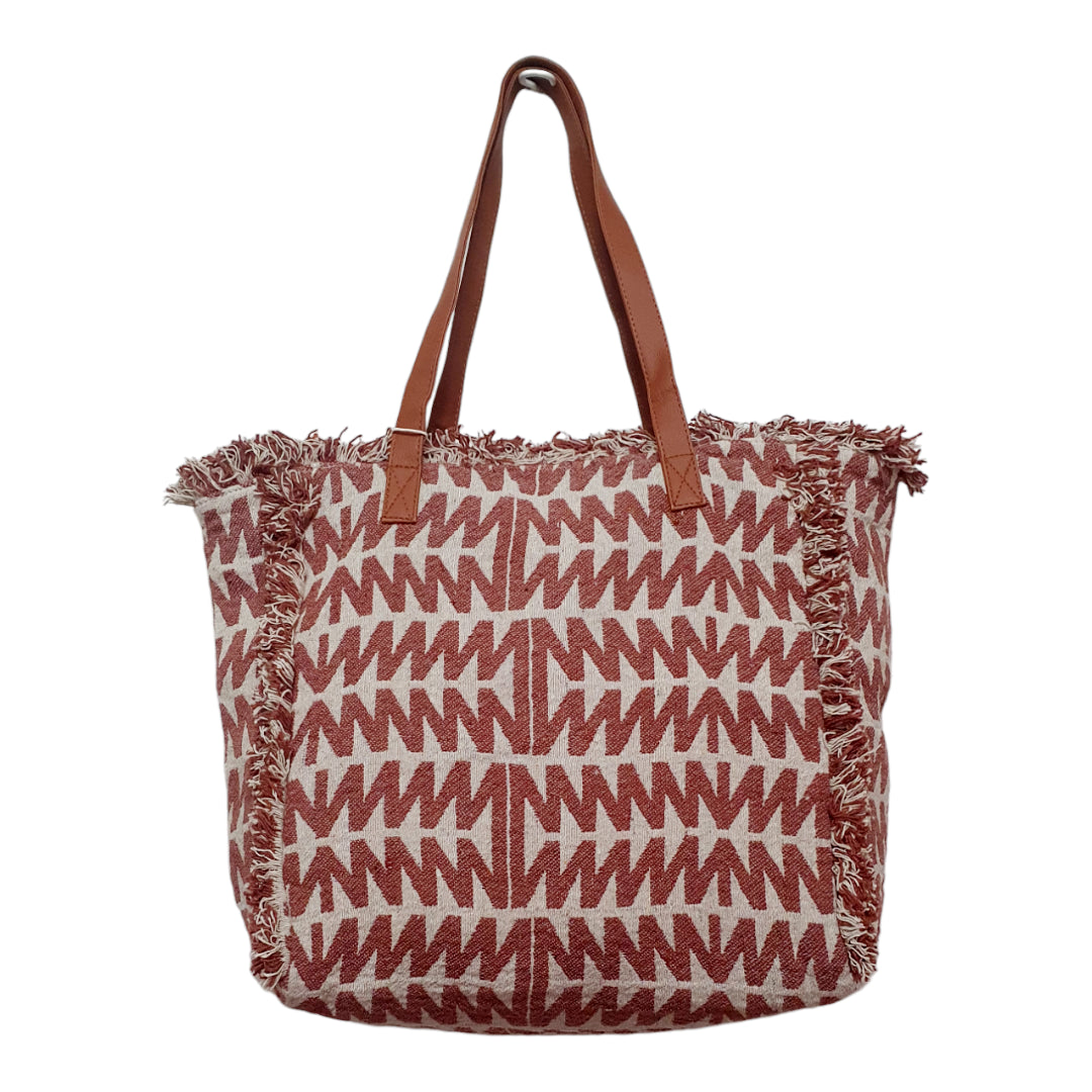 Geometric Patterned Fringed Jacquard Tote Bag with Faux Leather Handles