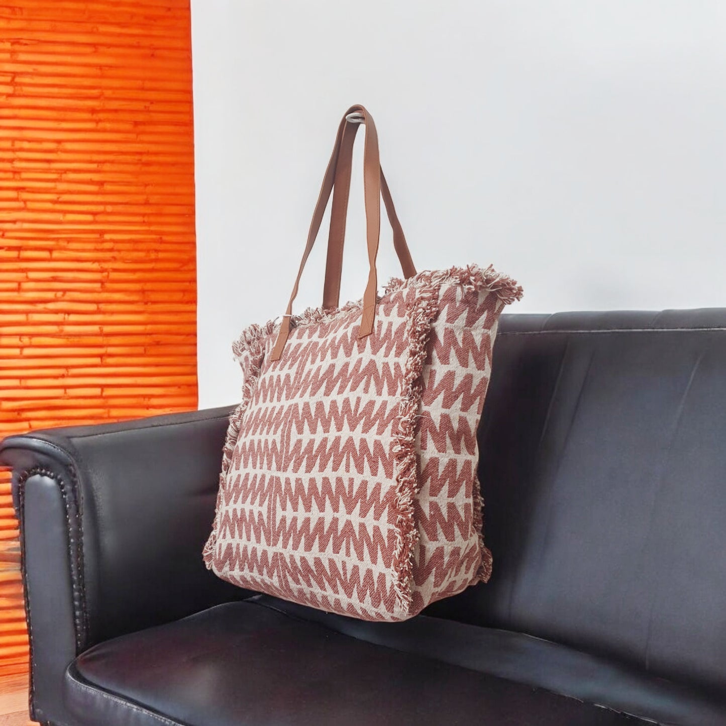 Geometric Patterned Fringed Jacquard Tote Bag with Faux Leather Handles