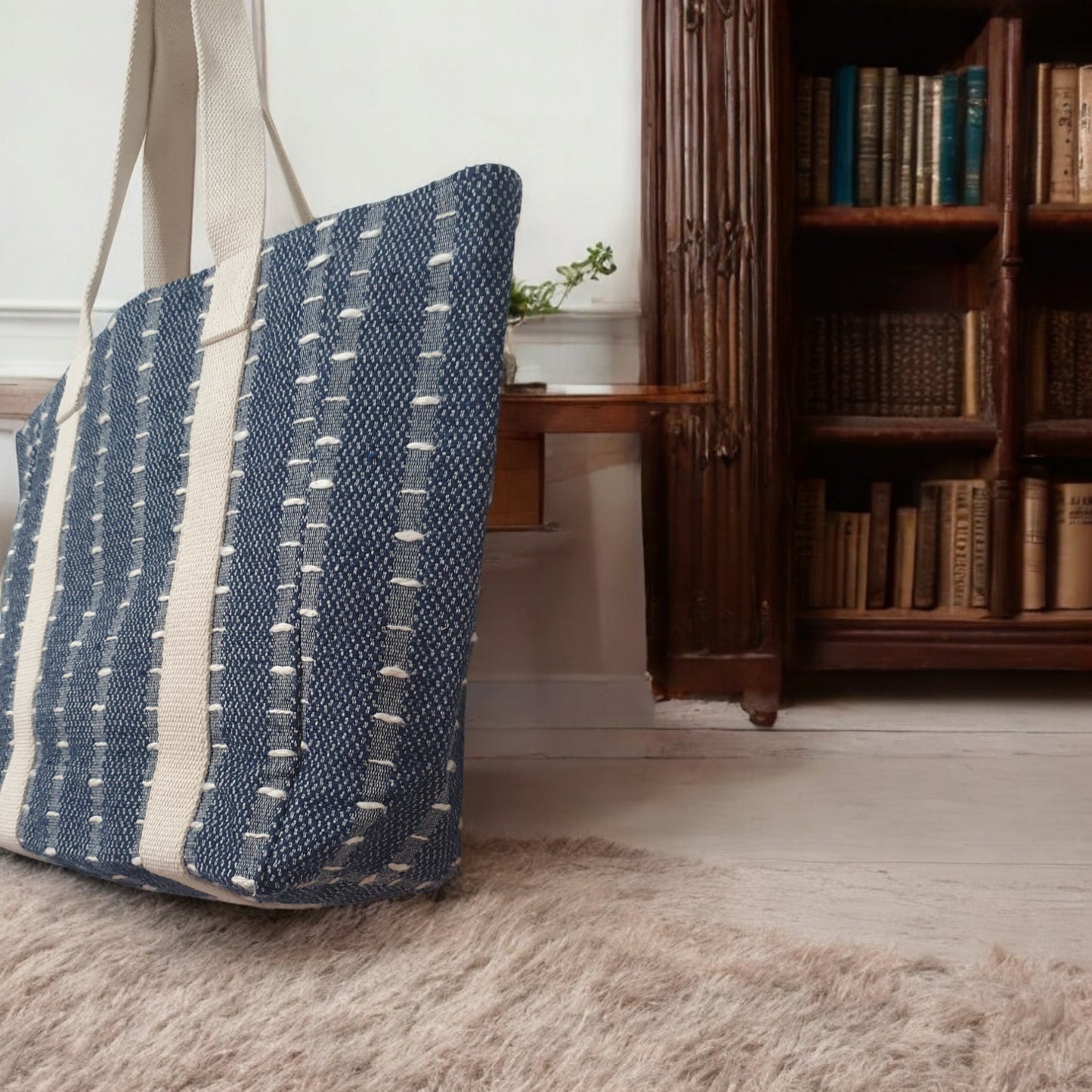 Navy and Cream Striped Jacquard Tote Bag