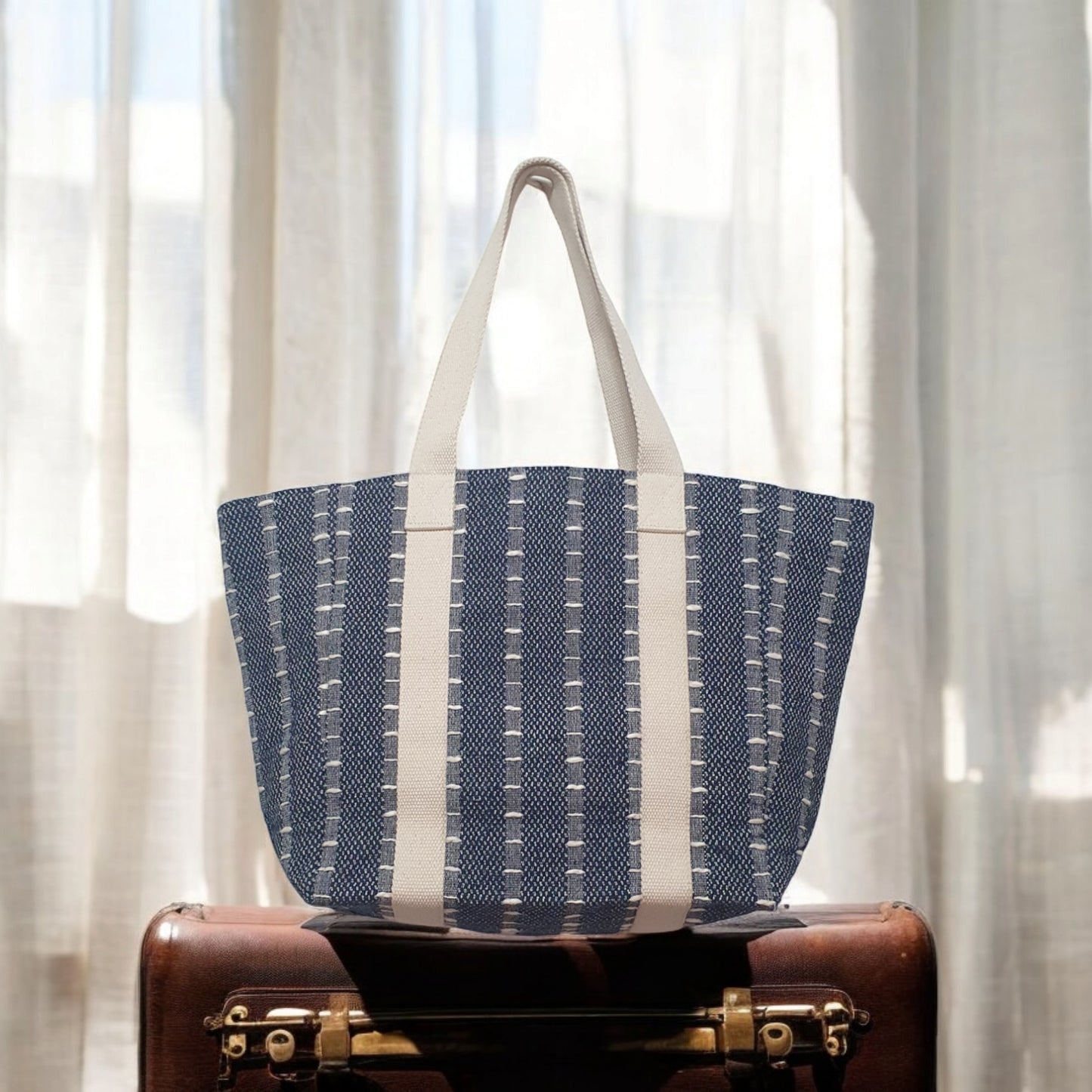 Navy and Cream Striped Jacquard Tote Bag