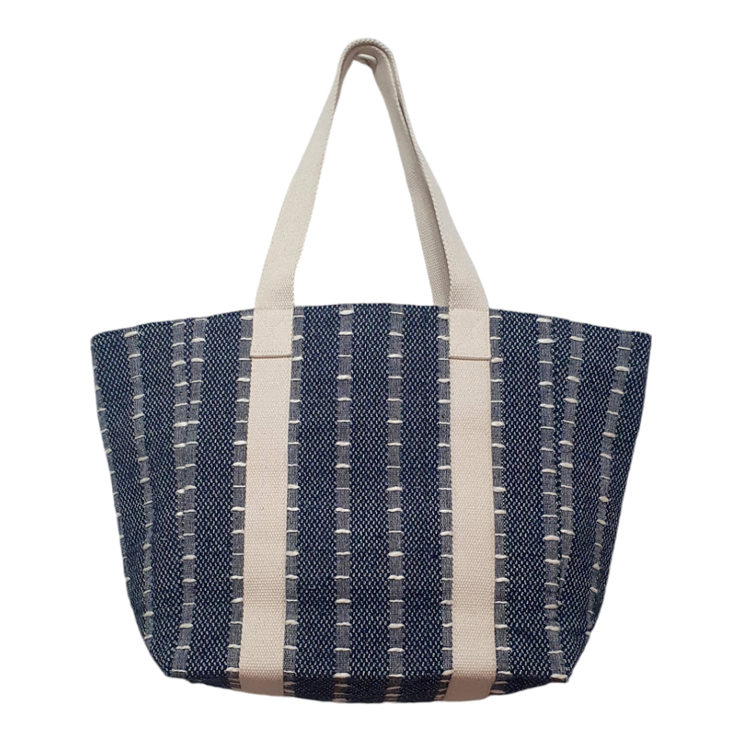 Navy and Cream Striped Jacquard Tote Bag