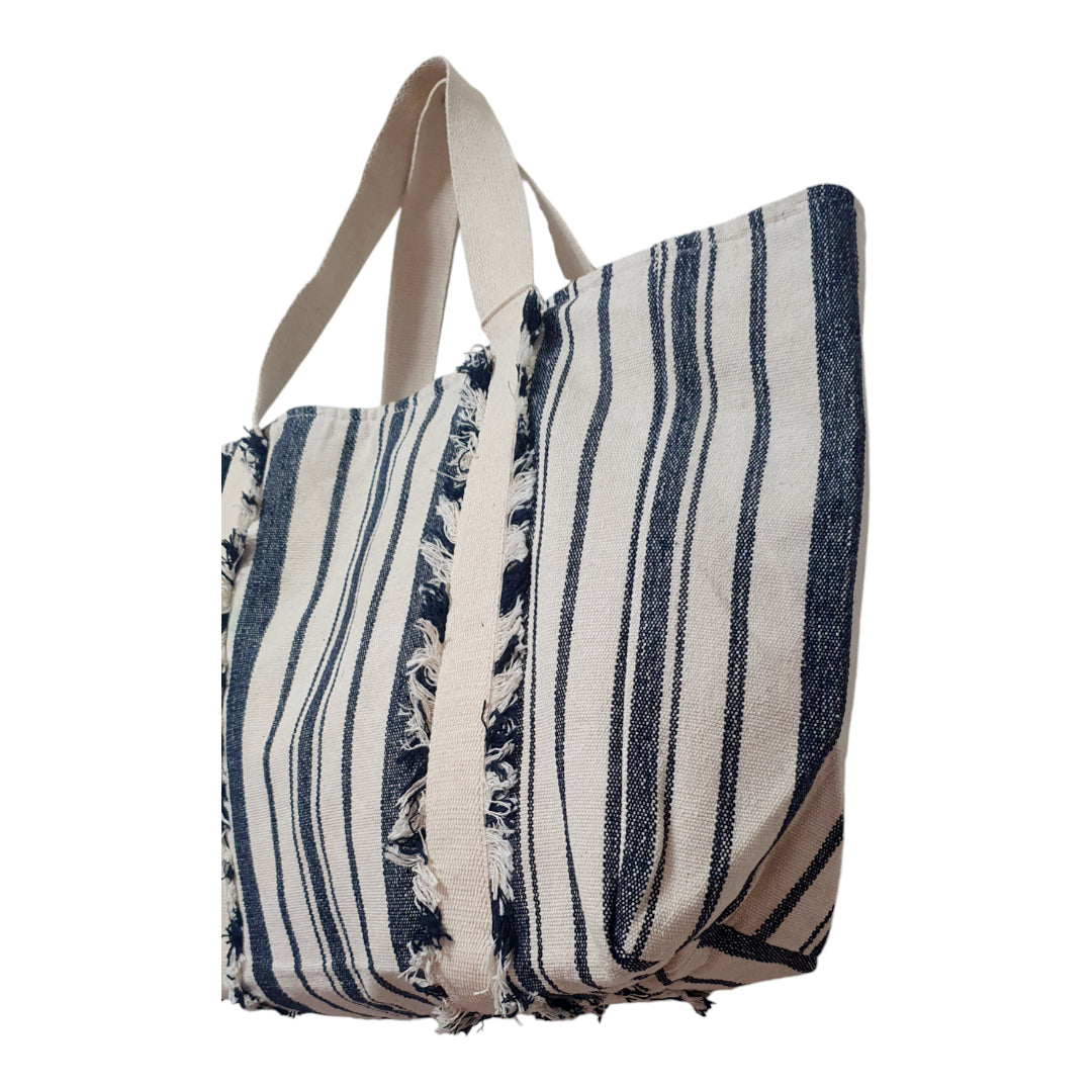 Navy and Off-White Striped Dhurrie Tote Bag with Fringe Detail