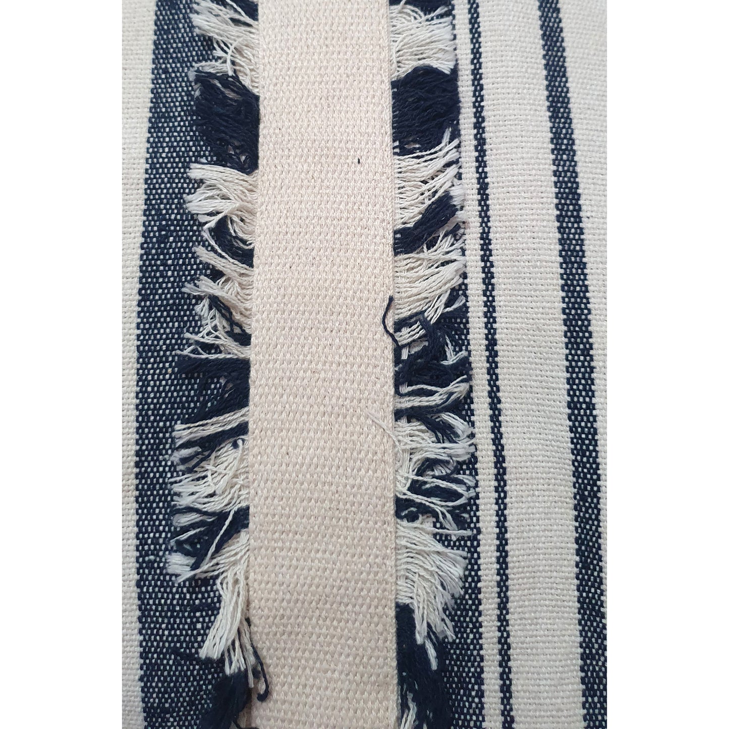 Navy and Off-White Striped Dhurrie Tote Bag with Fringe Detail