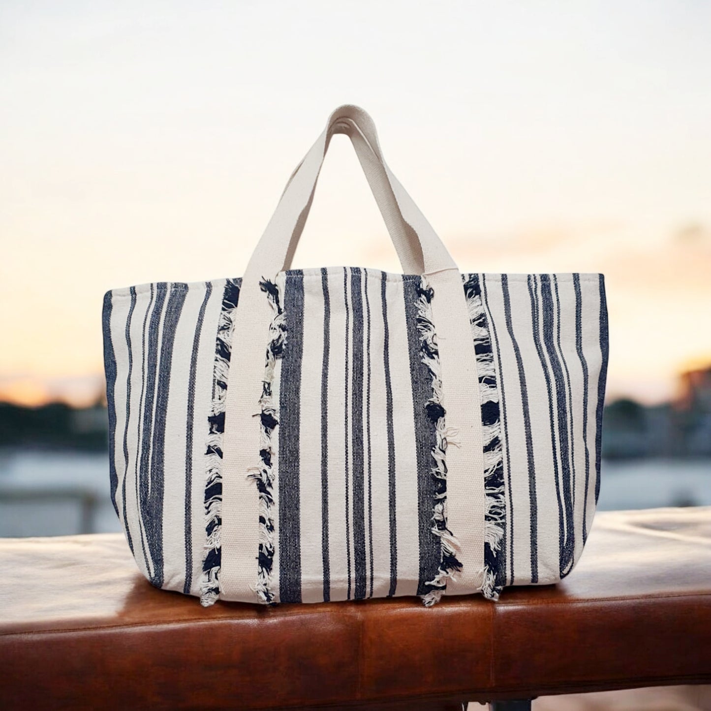 Navy and Off-White Striped Dhurrie Tote Bag with Fringe Detail