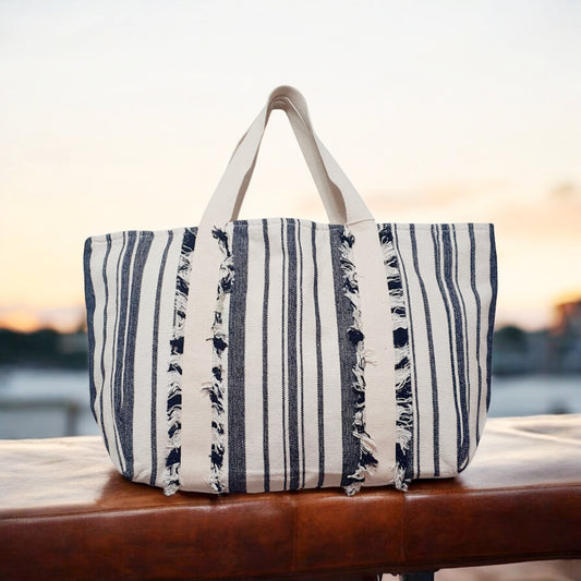 Navy and Off-White Striped Dhurrie Tote Bag with Fringe Detail