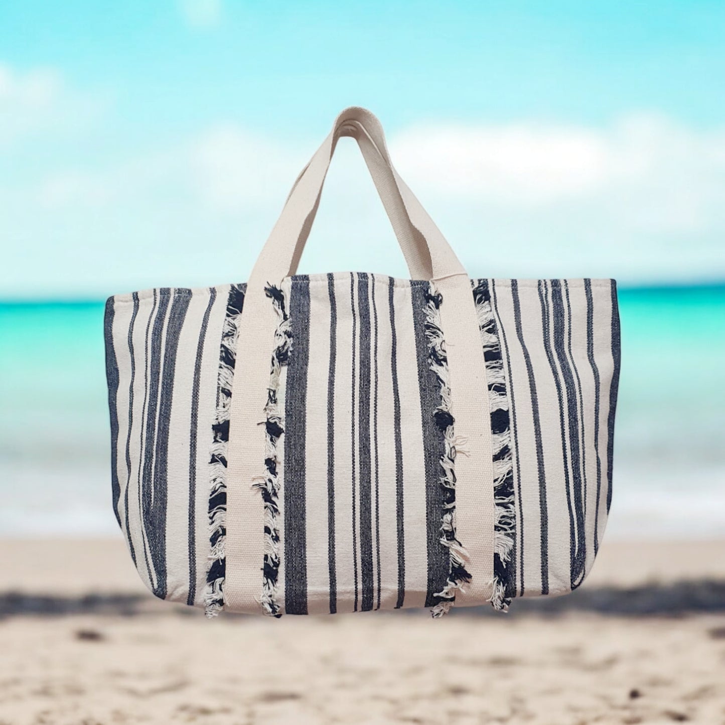 Navy and Off-White Striped Dhurrie Tote Bag with Fringe Detail