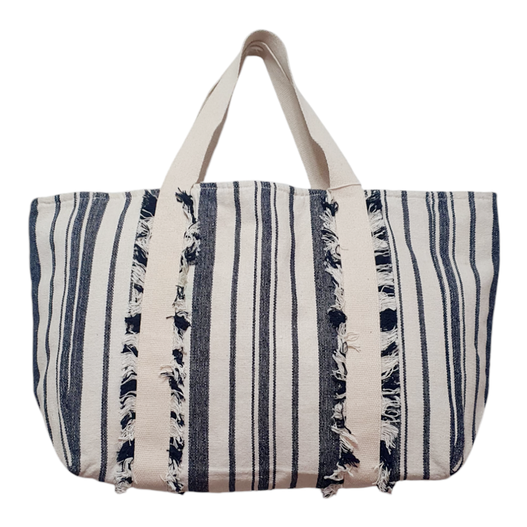 Navy and Off-White Striped Dhurrie Tote Bag with Fringe Detail