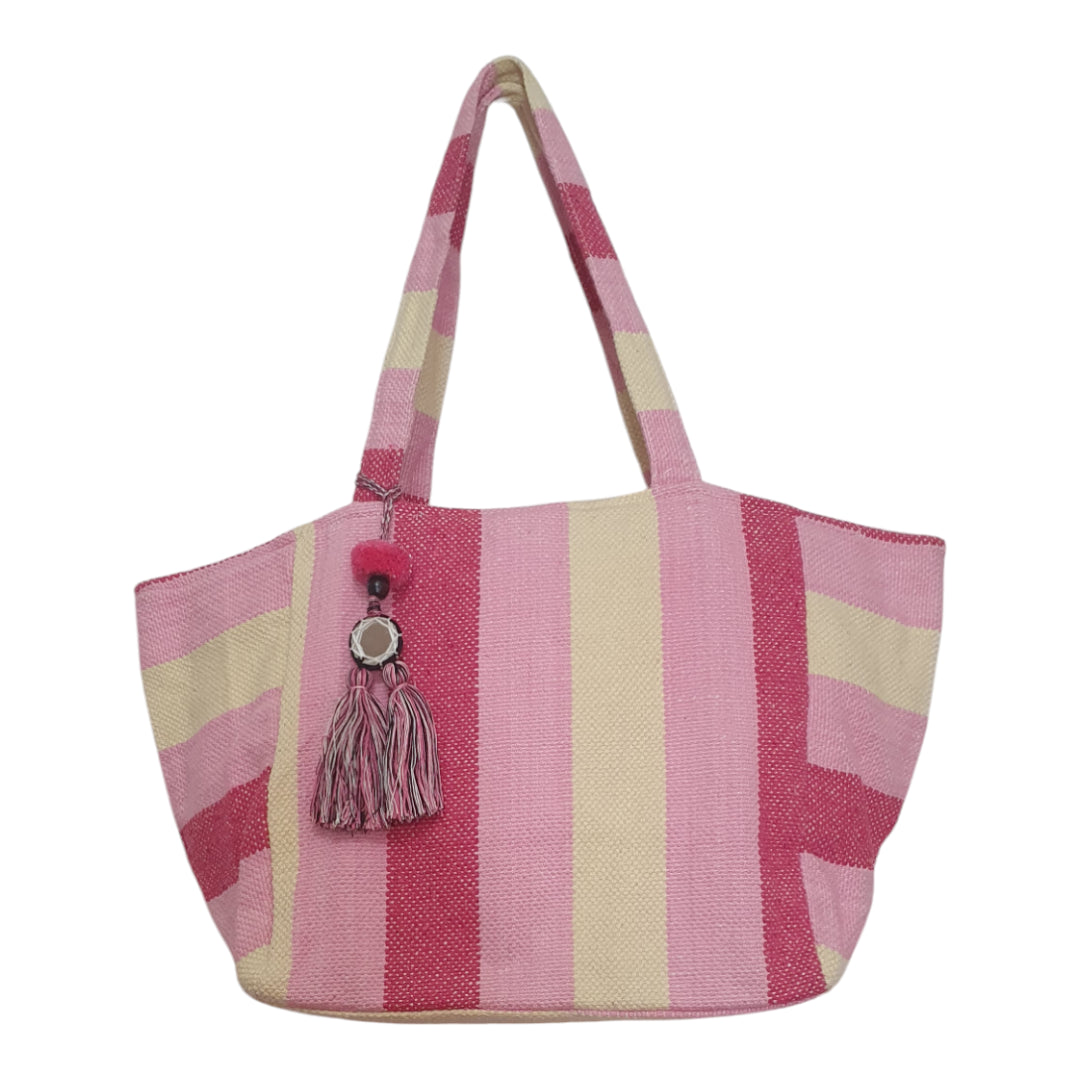 Handloom Dhurrie Striped Tote Bag with Mirror Tassel Charm